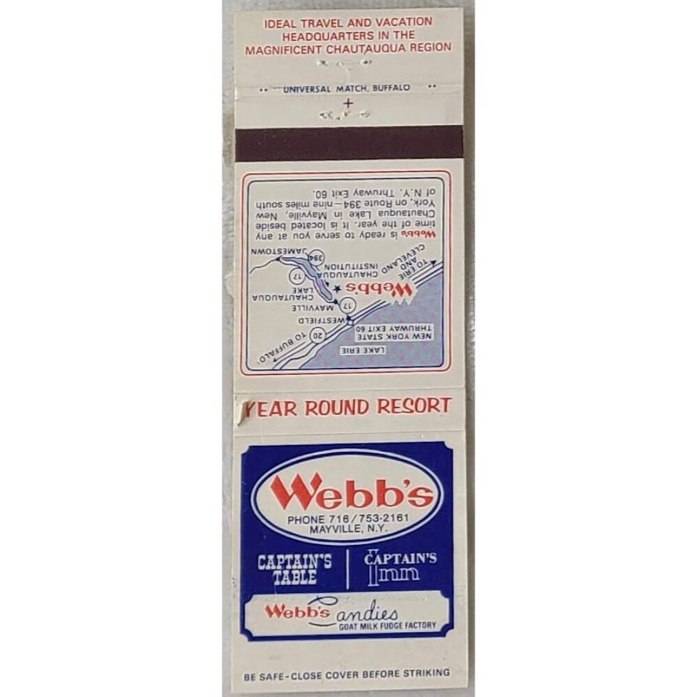 Vtg Matchbook Cover Webb's Mayville NY Captain's Table Inn Candies Chautauqua